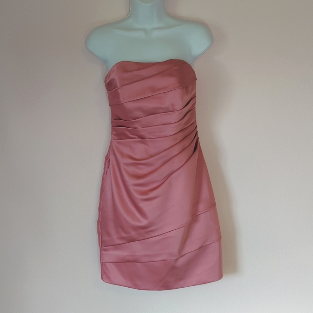 David's Bridal strapless pink bridesmaid dress